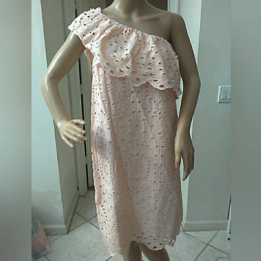 NWT LOFT PEACH Eyelet Ruffle Dress Loose Fit Single Shoulder 100%Cotton Sz. 2